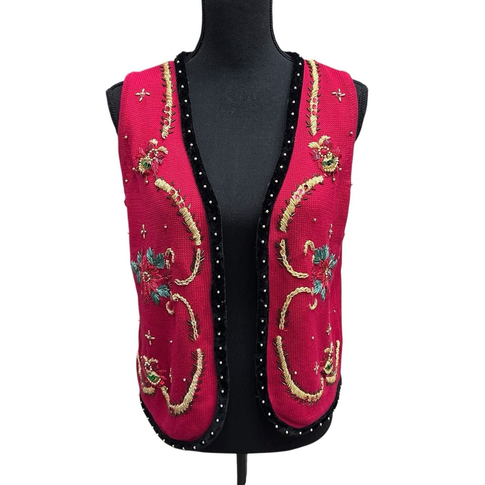 Vintage Theme Works Christmas Embroidered & Beaded Vest Cardigan Size PM